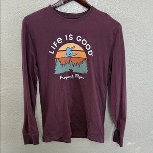 Life Is Good Maroon Long Sleeve Tee with Snowboard Graphic 100% cotton